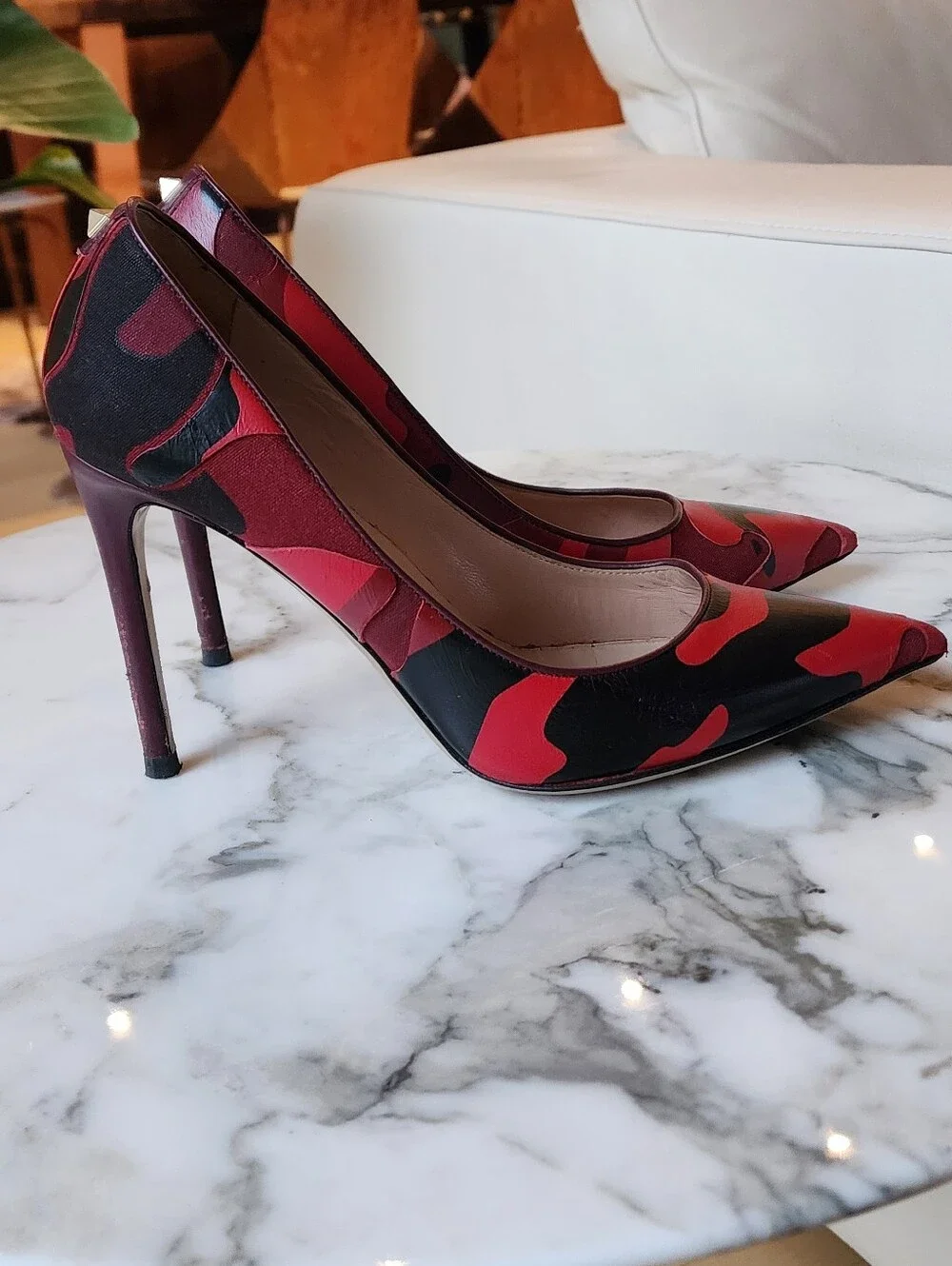 Valentino Rockstud Red & Black Camoflauge Leather Pumps Size 37.5